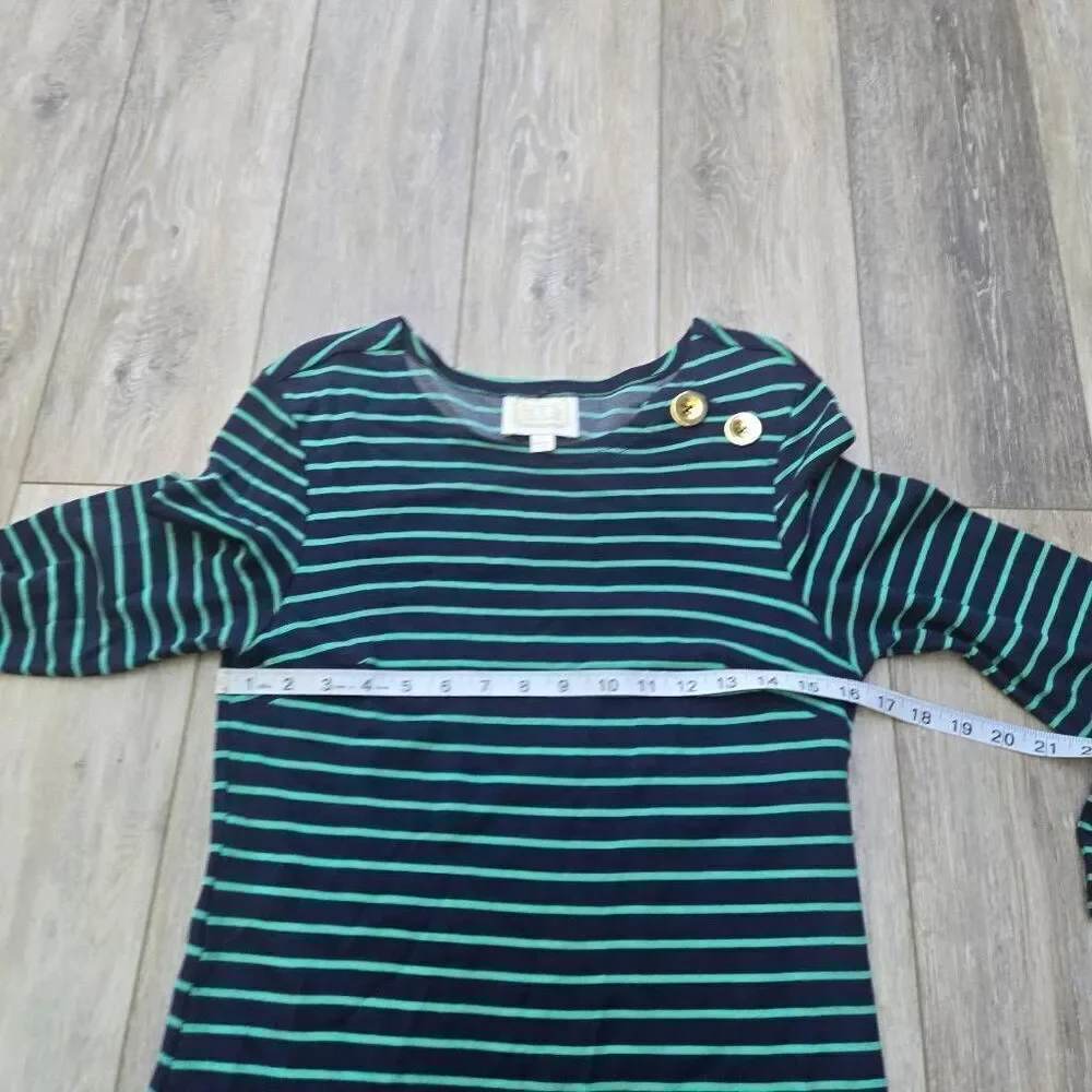 Sail To Sable striped green and navy blue midi dress gold toned buttons xs xsmal